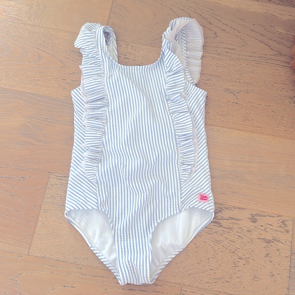 Ruffle Butts Blue and White Striped Kids Swim One Piece size 5 - Picture 1 of 9